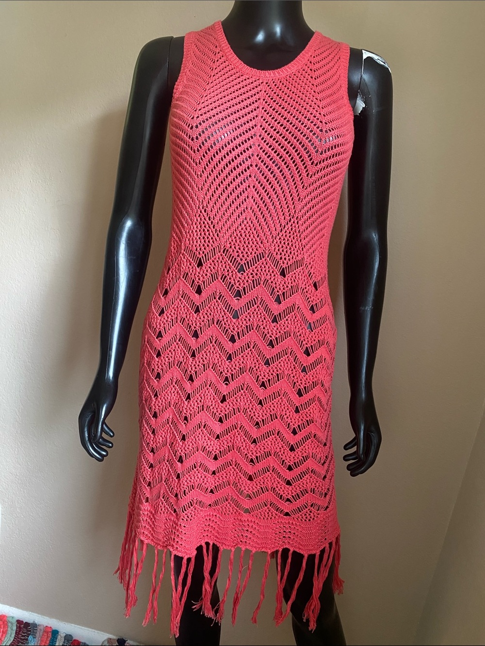 Sleeveless Coral Pink Crochet Fringe Midi Dress